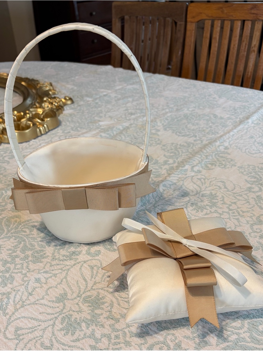 Elegant Ivory Flower Girl Basket and Ring Bearer Pillow Set with Champagne Bows